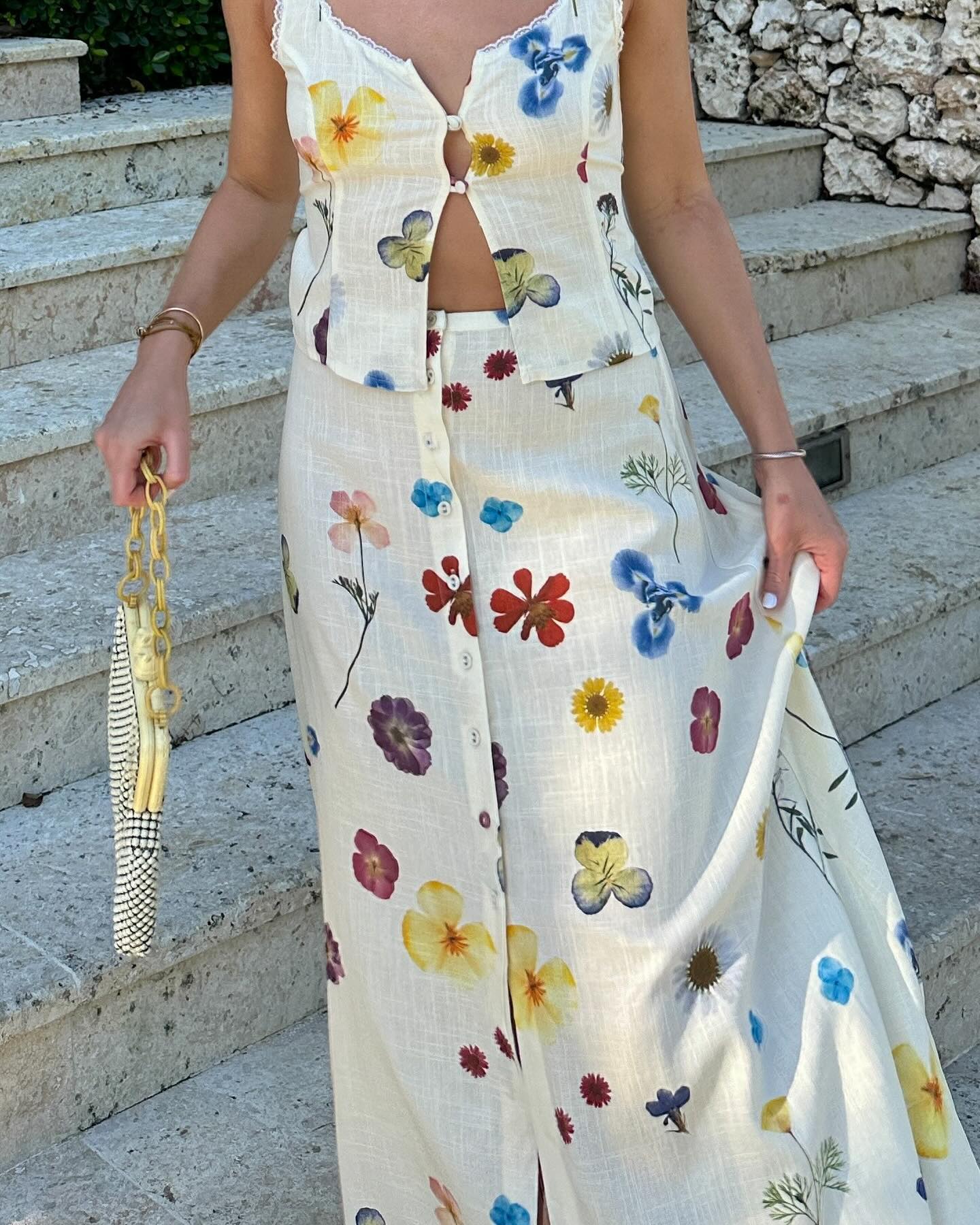 Floral Sleeveless Vest Fashion Straight Beach Maxi Dress Set