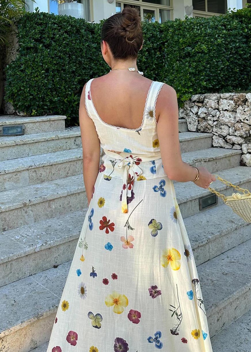 Floral Sleeveless Vest Fashion Straight Beach Maxi Dress Set