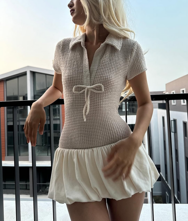 Short-sleeved Lapel Patchwork Puffy Dress Hover Image
