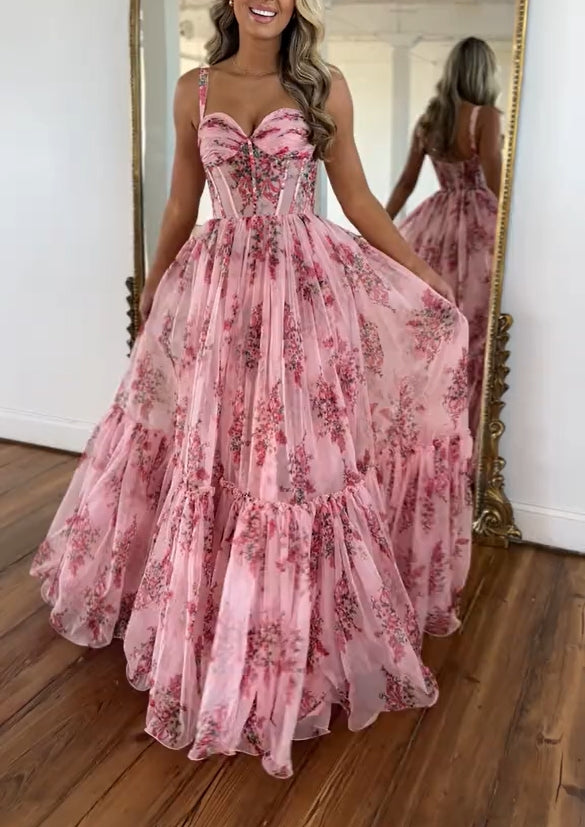 Floral Herringbone Stitching Maxi Dress With Suspenders Hover Image