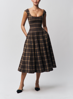 Wide Shoulder Strap Square Neck Plaid Dress
