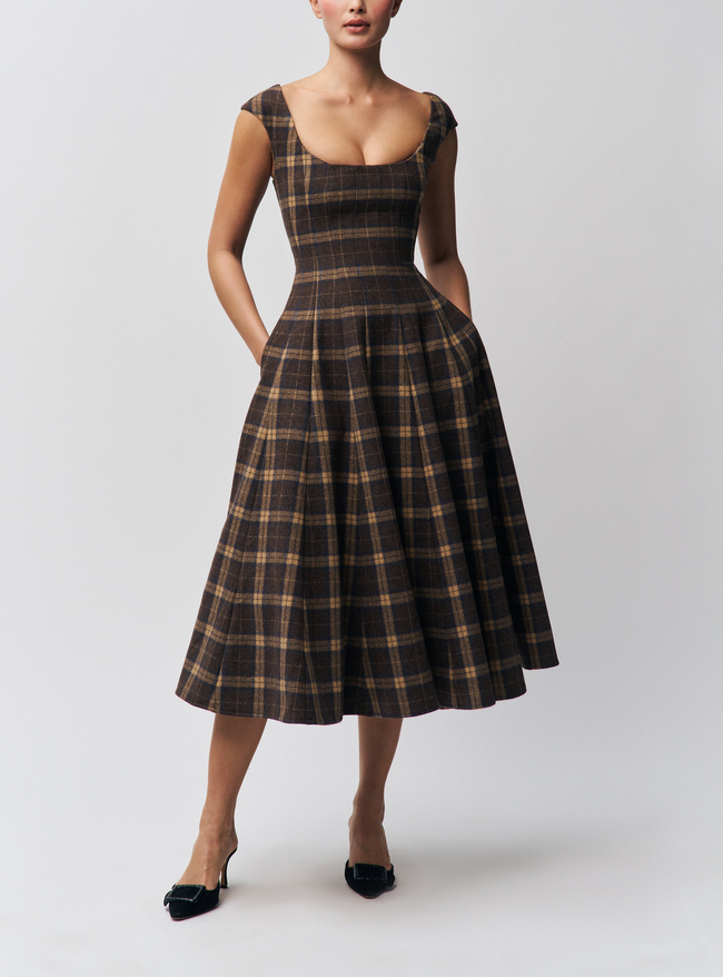 Wide Shoulder Strap Square Neck Plaid Dress Main Image