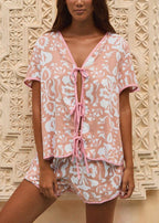 Abstract print lace-up short-sleeved shorts suit