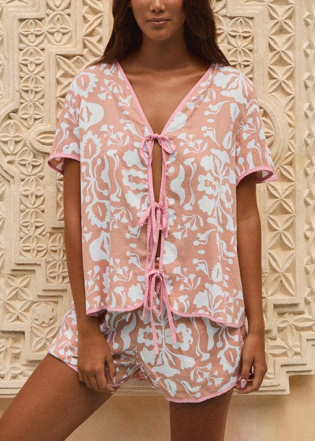 Abstract print lace-up short-sleeved shorts suit Hover Image