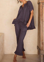 Solid color ruffle loose suit