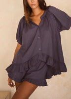 Solid color ruffled loose short sleeve shorts suit