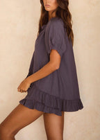 Solid color ruffled loose short sleeve shorts suit