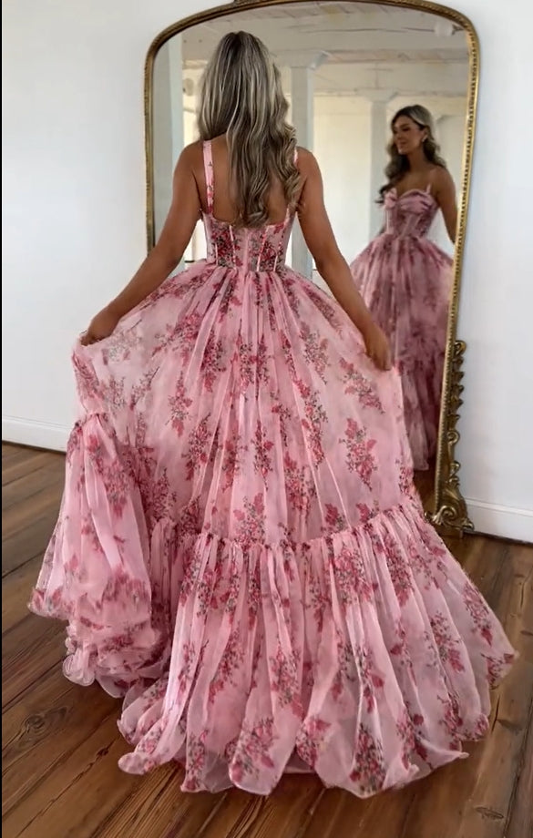 Floral Herringbone Stitching Maxi Dress With Suspenders