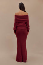 Off-the-shoulder Knitted Long-sleeved Top And Long Skirt Set