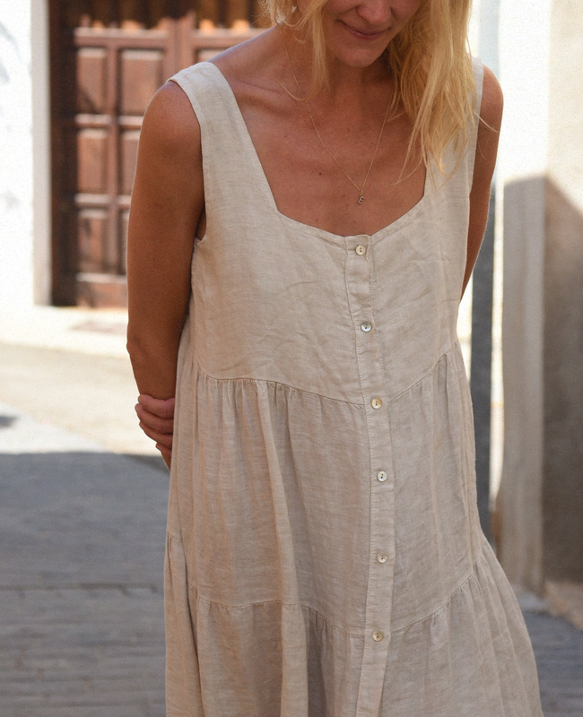 Linen Buttoned Wide Strap Solid Color Dress Main Image