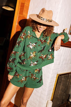 Dark Green Horse Riding Print Shorts Set