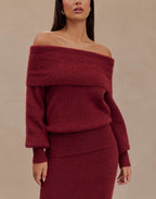 Off-the-shoulder Knitted Long-sleeved Top And Long Skirt Set