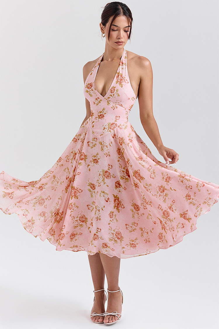 Deep V Neck Floral Print Cinch Waist Halter Midi Dresses