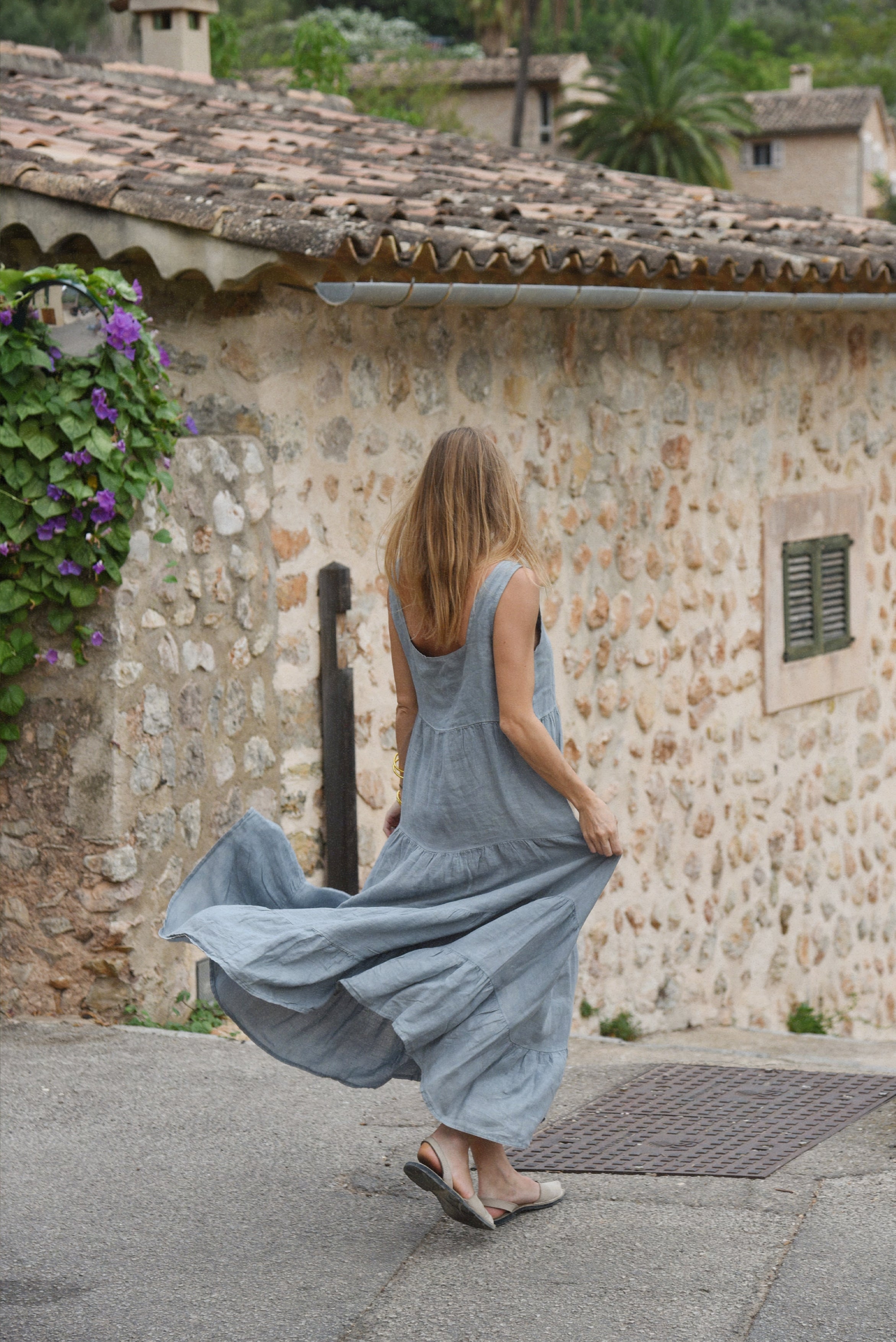 Linen Buttoned Wide Strap Solid Color Dress