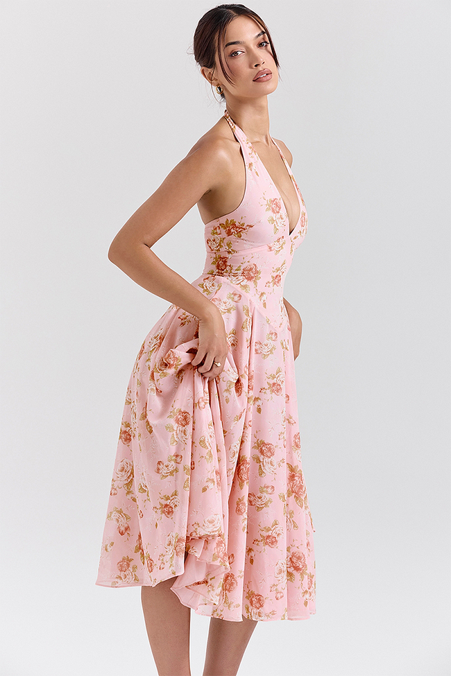 Deep V Neck Floral Print Cinch Waist Halter Midi Dresses Main Image