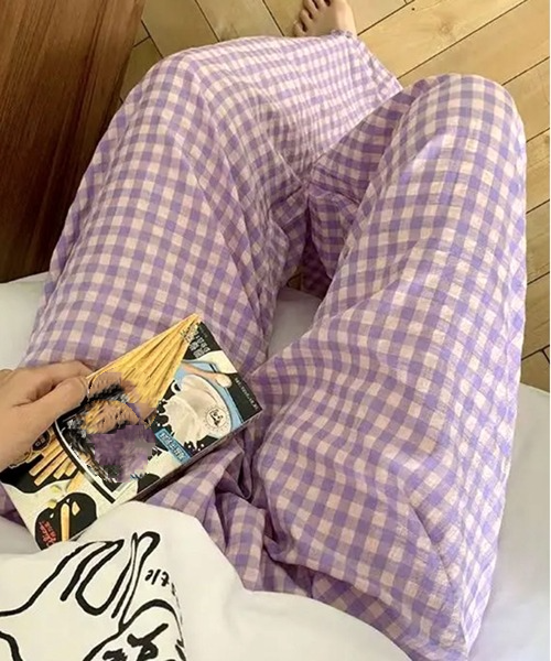 Purple Cotton and Linen Plaid Casual Pants/Lounge Wear Main Image