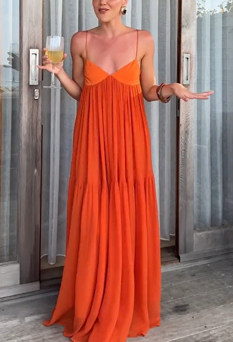 Orange Suspender Two-color Stitching Long Skirt Dress Hover Image