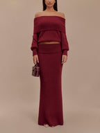 Off-the-shoulder Knitted Long-sleeved Top And Long Skirt Set