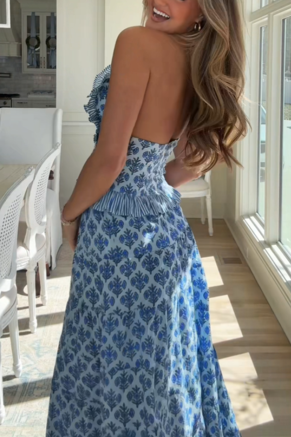 Blue Floral Print Halterneck Maxi Skirt Set Main Image