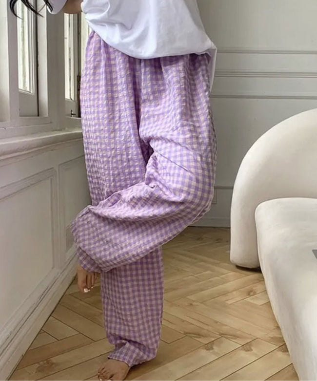 Purple Cotton and Linen Plaid Casual Pants/Lounge Wear Hover Image