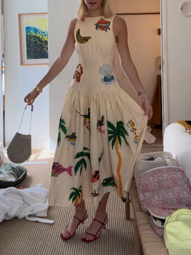 Embroidered Printed Sleeveless Drop Waist Dress Main Image