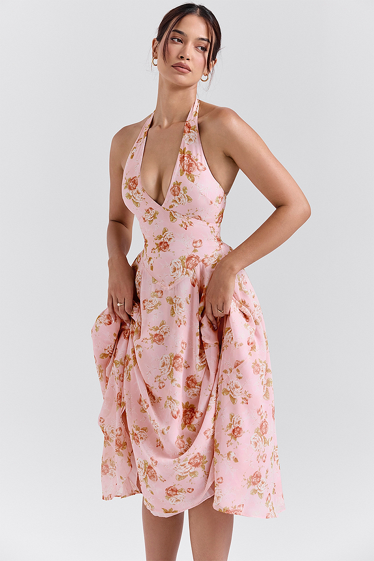 Deep V Neck Floral Print Cinch Waist Halter Midi Dresses