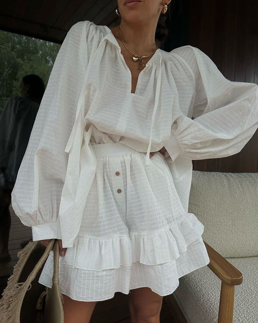 Casual Lace-Up Top & Shorts Two-Piece Set