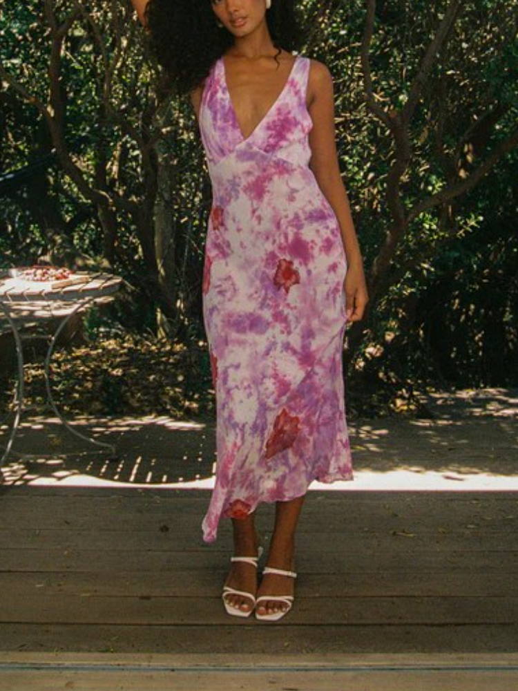 V-neck Floral Wide-strap Maxi Dress