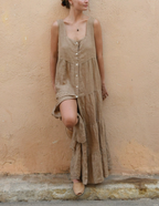 Linen Buttoned Wide Strap Solid Color Dress