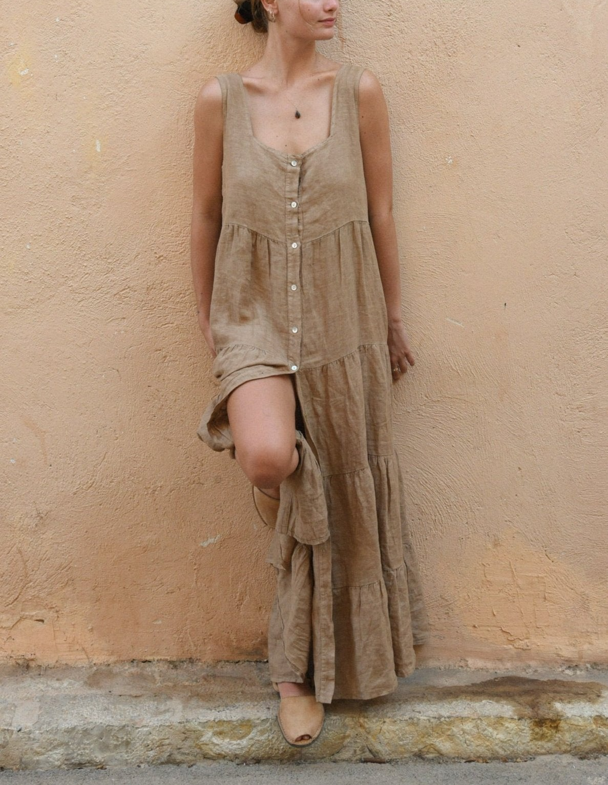 Linen Buttoned Wide Strap Solid Color Dress