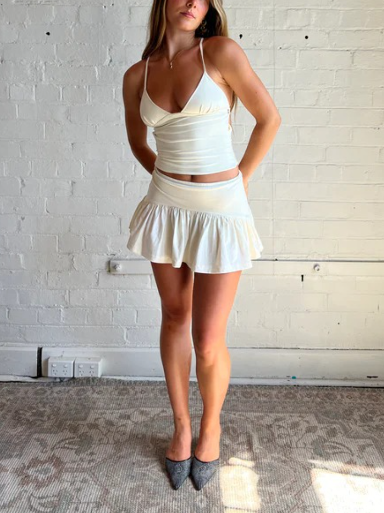 Backless Halter Double-layer Fitted Top And Skirt Set