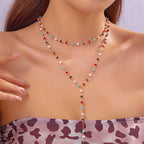 Simple Colorful Crystal Pearl Y-shaped Long Sweater Necklace