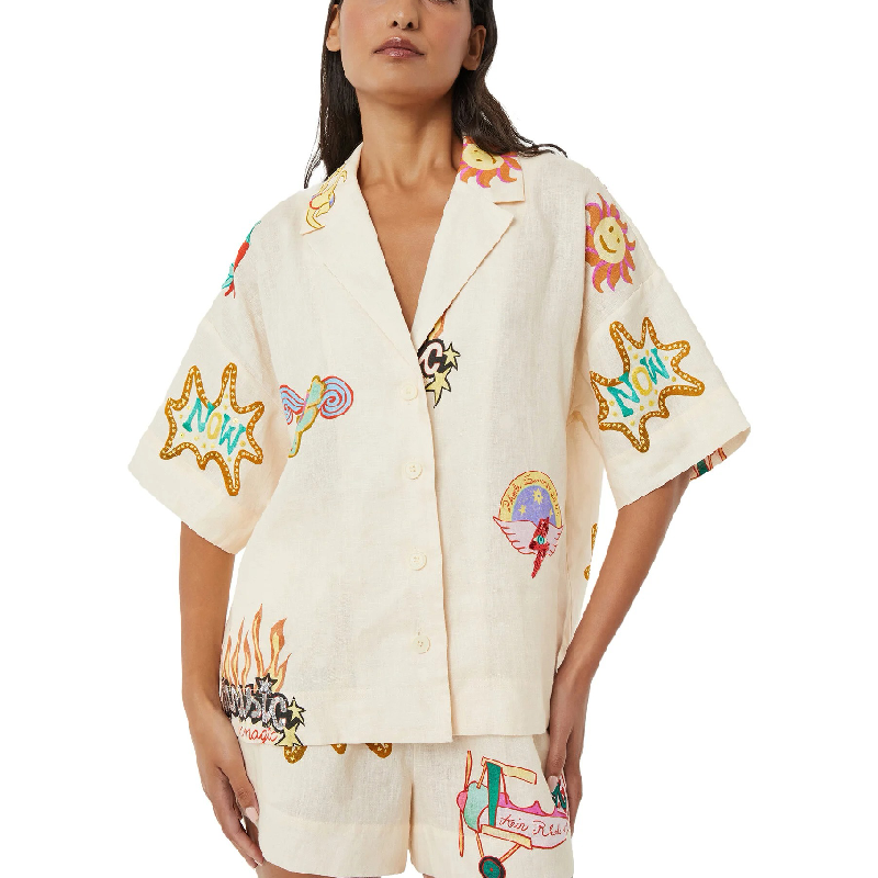 Graffiti Print Linen Short Sleeve Short Set