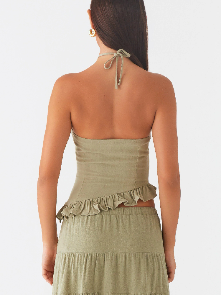 Green Linen Solid Halter Neck Plus Maxi Skirt Set