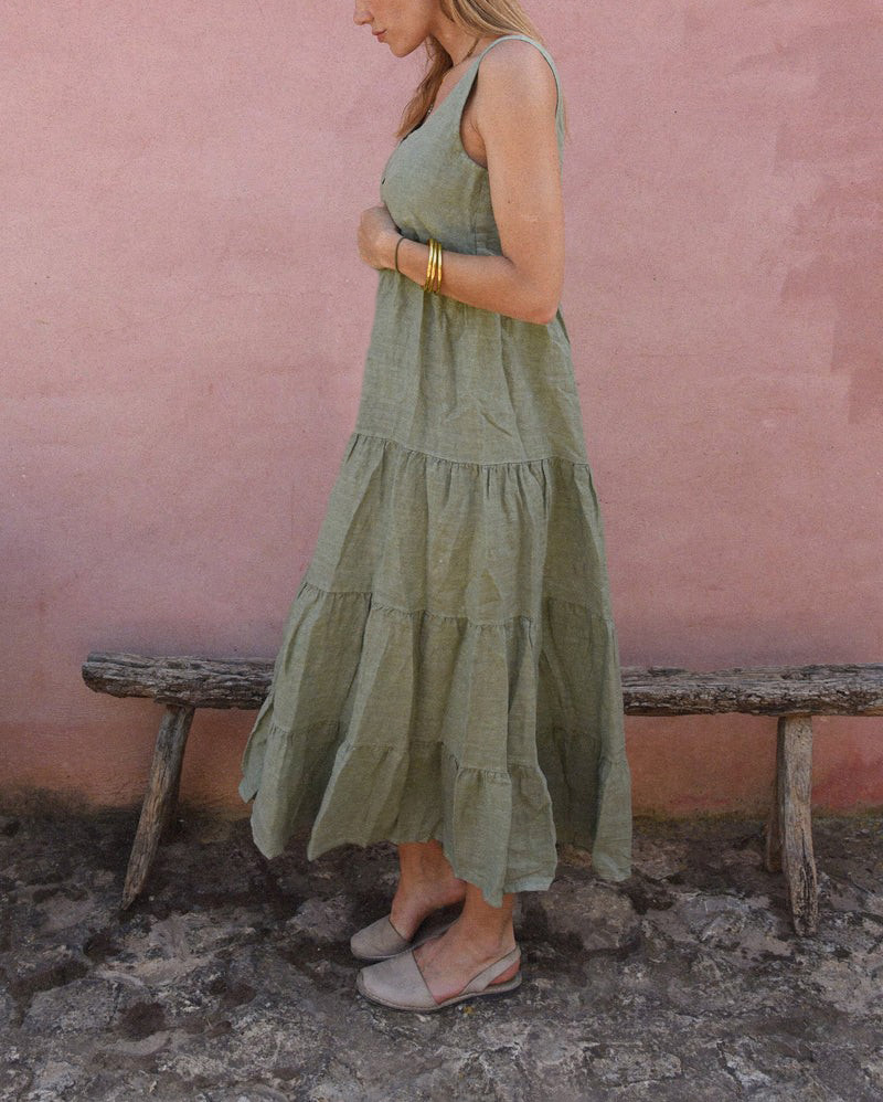 Linen Buttoned Wide Strap Solid Color Dress