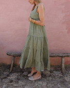 Linen Buttoned Wide Strap Solid Color Dress