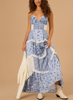 Blue Patchwork Floral Maxi Dress
