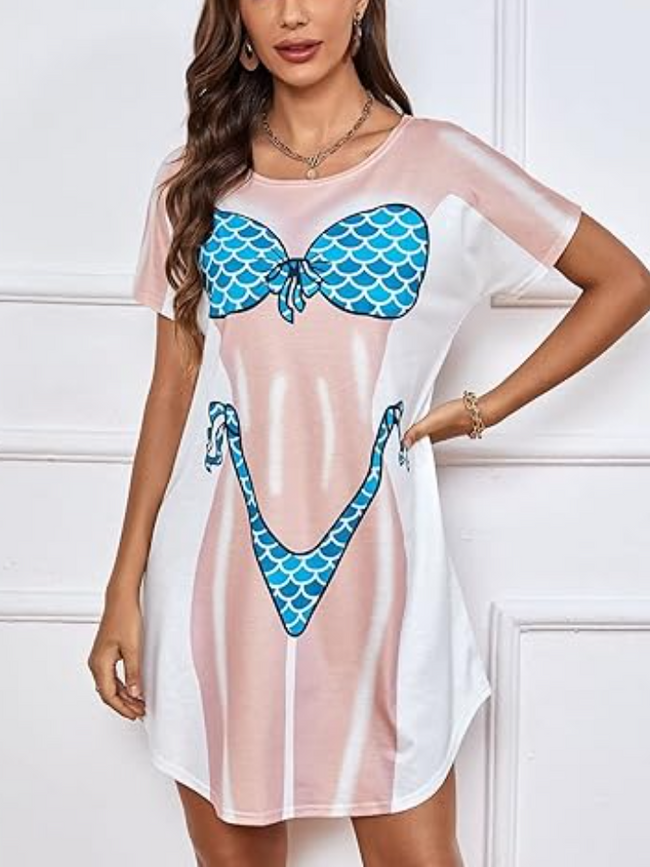 Women's Bikini Printed Short Sleeve Loose T-Shirt Dress Hover Image