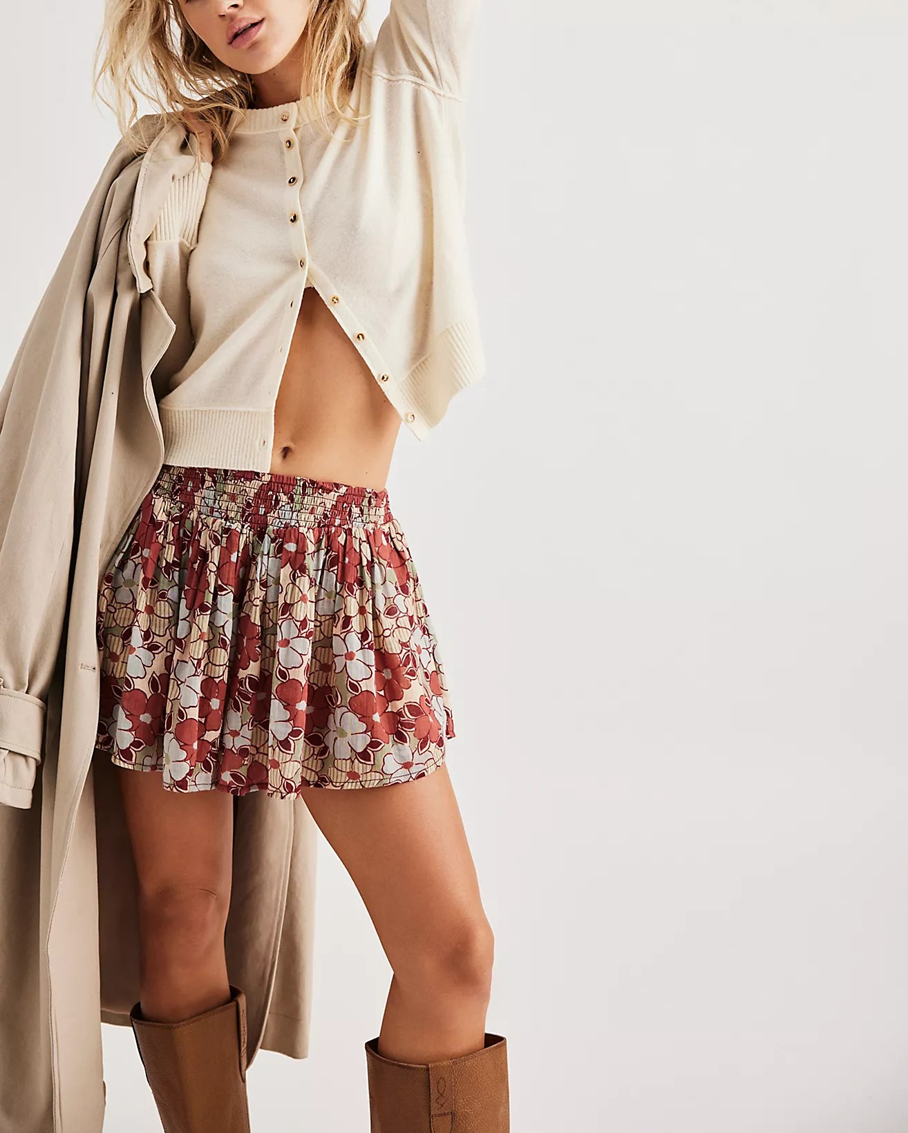 Floral Print Shirt and Pleated Skirt Set