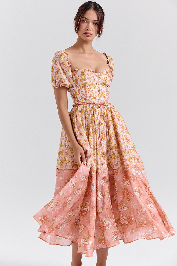 Floral Print Puff Sleeve Cinch Waist Colorblock Midi Dresses