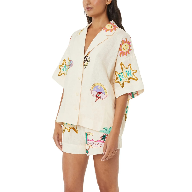 Graffiti Print Linen Short Sleeve Short Set