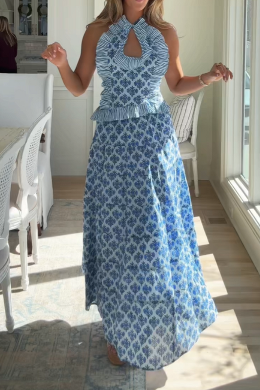 Blue Floral Print Halterneck Maxi Skirt Set