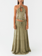 Green Linen Solid Halter Neck Plus Maxi Skirt Set