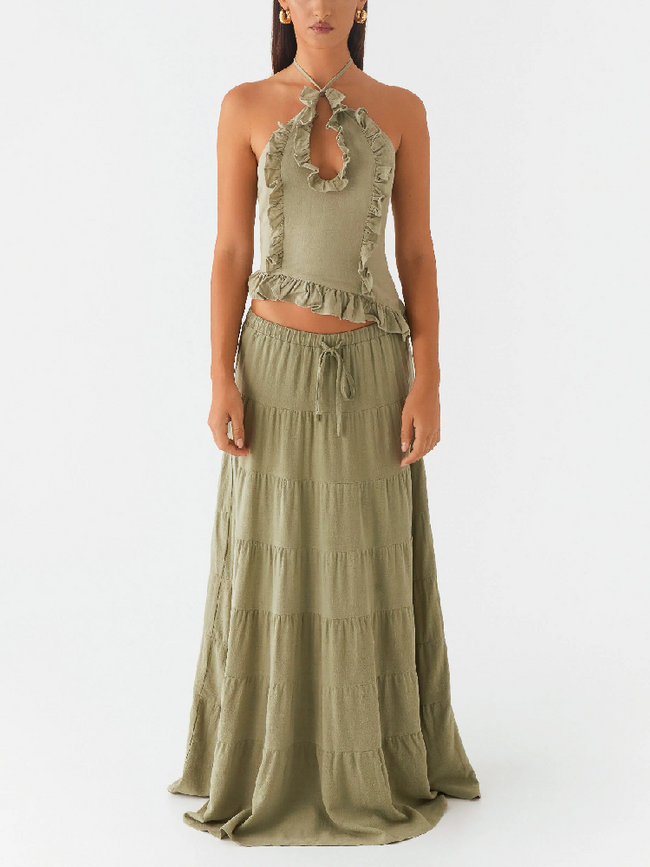 Green Linen Solid Halter Neck Plus Maxi Skirt Set Main Image