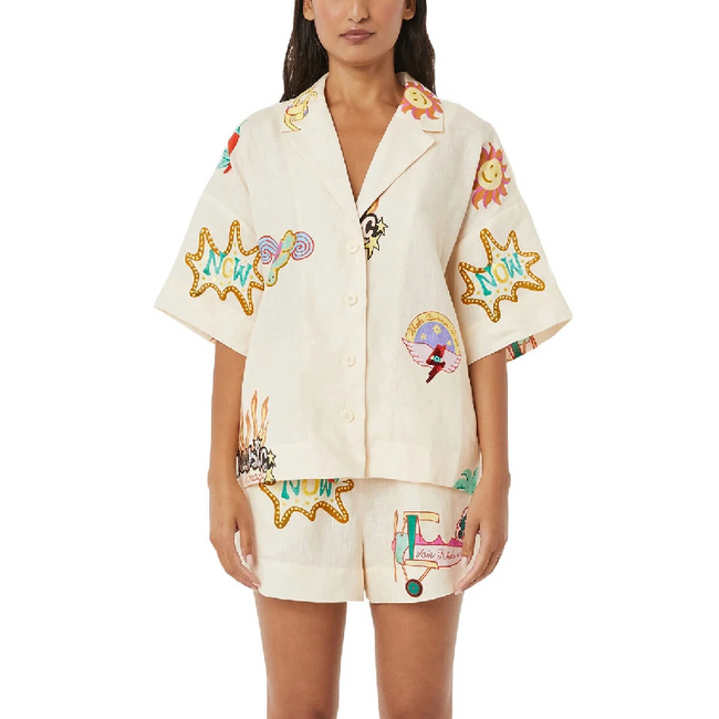 Graffiti Print Linen Short Sleeve Short Set Main Image