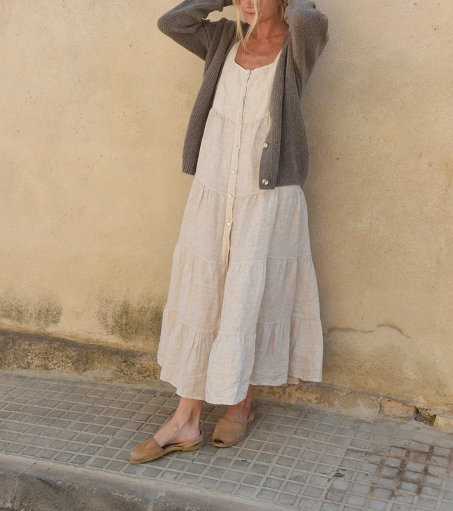 Linen Buttoned Wide Strap Solid Color Dress Hover Image