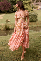 Floral Print Puff Sleeve Cinch Waist Colorblock Midi Dresses