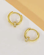 Gold Hoop Earrings with CZ Ring Charm