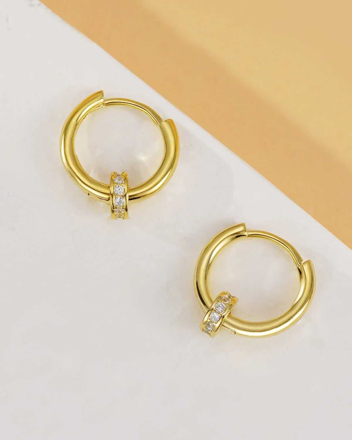 Gold Hoop Earrings with CZ Ring Charm