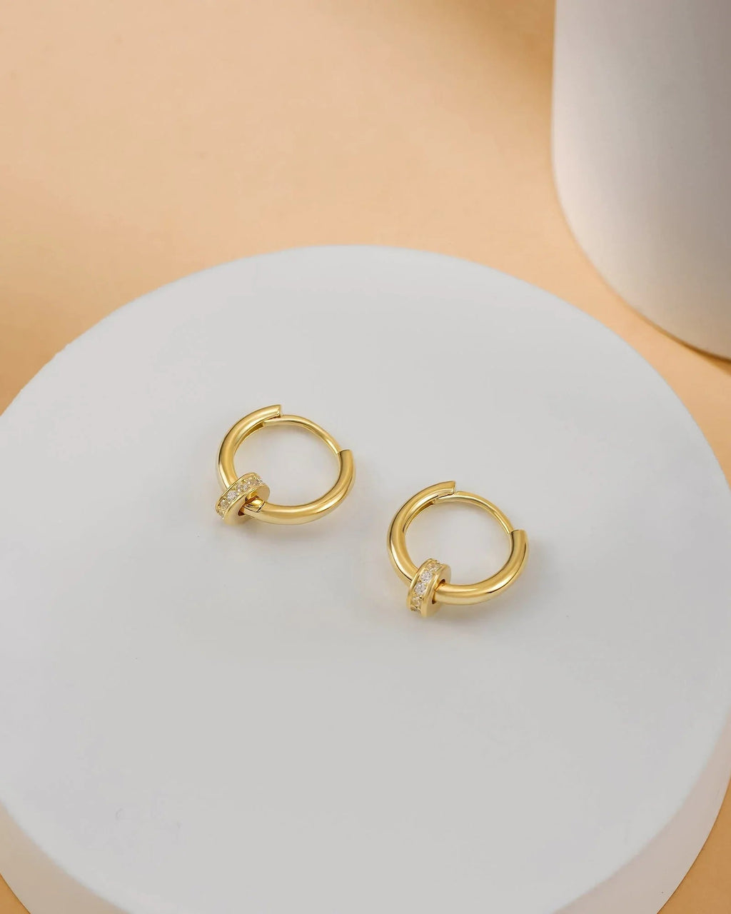 Gold Hoop Earrings with CZ Ring Charm